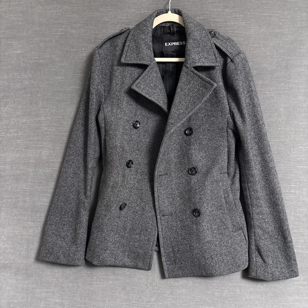 Vintage y2k Express Pea Coat S/M Gray Double Breasted Jacket Military 90s